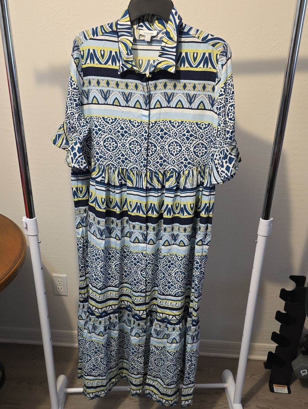 Chico's Blue, Navy & White Patterned Tiered Maxi Dress